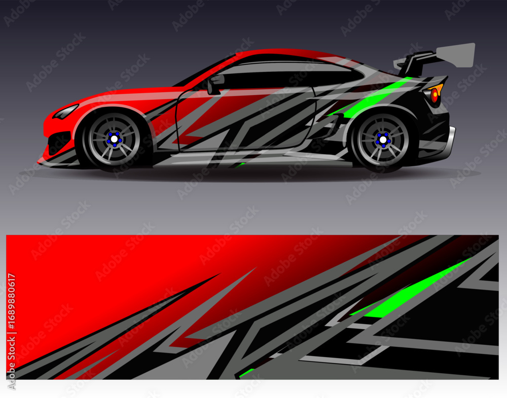 Obraz premium Car wrap design vector. Graphic abstract stripe racing background designs for vehicle, rally, race, adventure and car racing livery