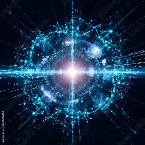 Abstract visualization of a digital singularity event, with a glowing blue core and an exploding network of interconnected nodes and data streams