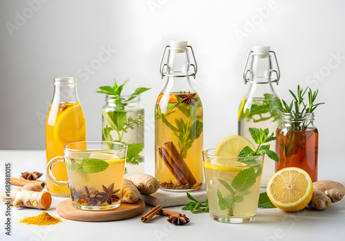 An assortment of invigorating herbal infusions and wellness tonics, featuring ginger, lemon, mint, and aromatic spices for a healthy lifestyle