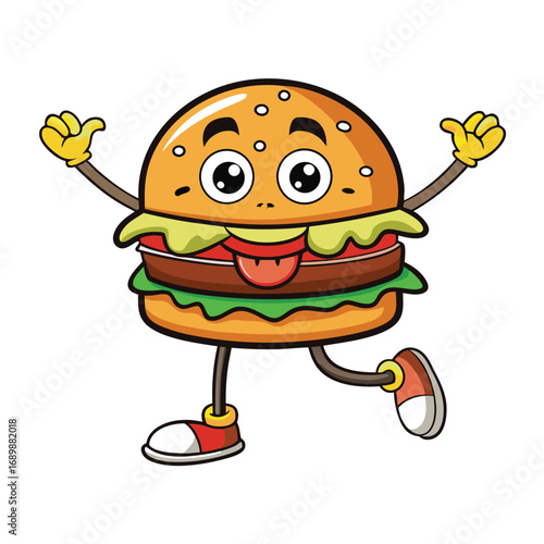 Vector art of cartoon burger character running with a happy expression