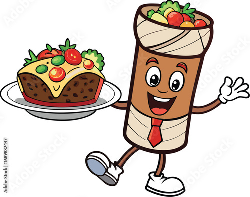 Vector art of happy doner kebab cartoon character holding cake