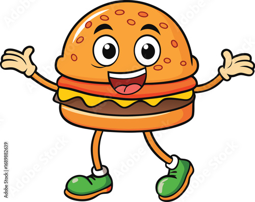Vector art of cartoon burger character running and smiling