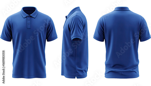 Three-view rendering of a solid blue polo shirt