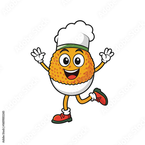 Vector art of happy arancini cartoon chef is smiling broadly