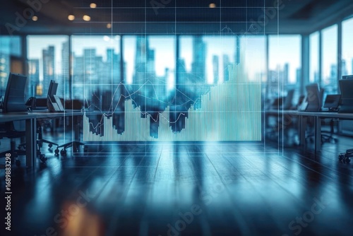 Modern empty office space with digital financial graphs and city skyline visible through large windows, conveying a futuristic and professional atmosphere