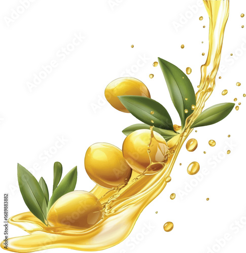 Olive Oil Splash with Olives and Leaves Keywords: olive oil, splash, olives, leaves, liquid