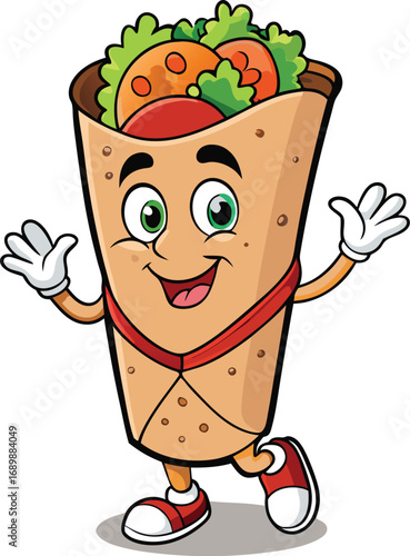 Vector art of happy cartoon burrito character is walking forward