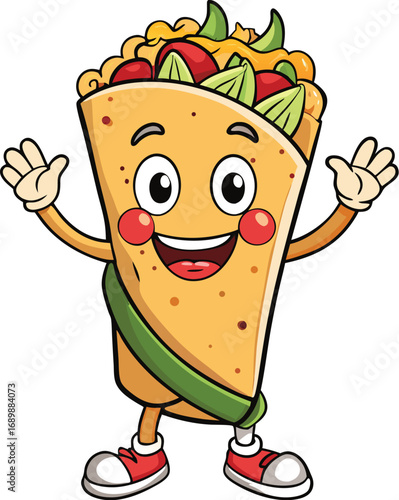 Vector art of happy cartoon burrito character is waving hands