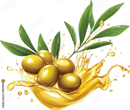 Olive Branch with Olives and Olive Oil Splash Keywords: olive, olives, olive oil, splash, liquid