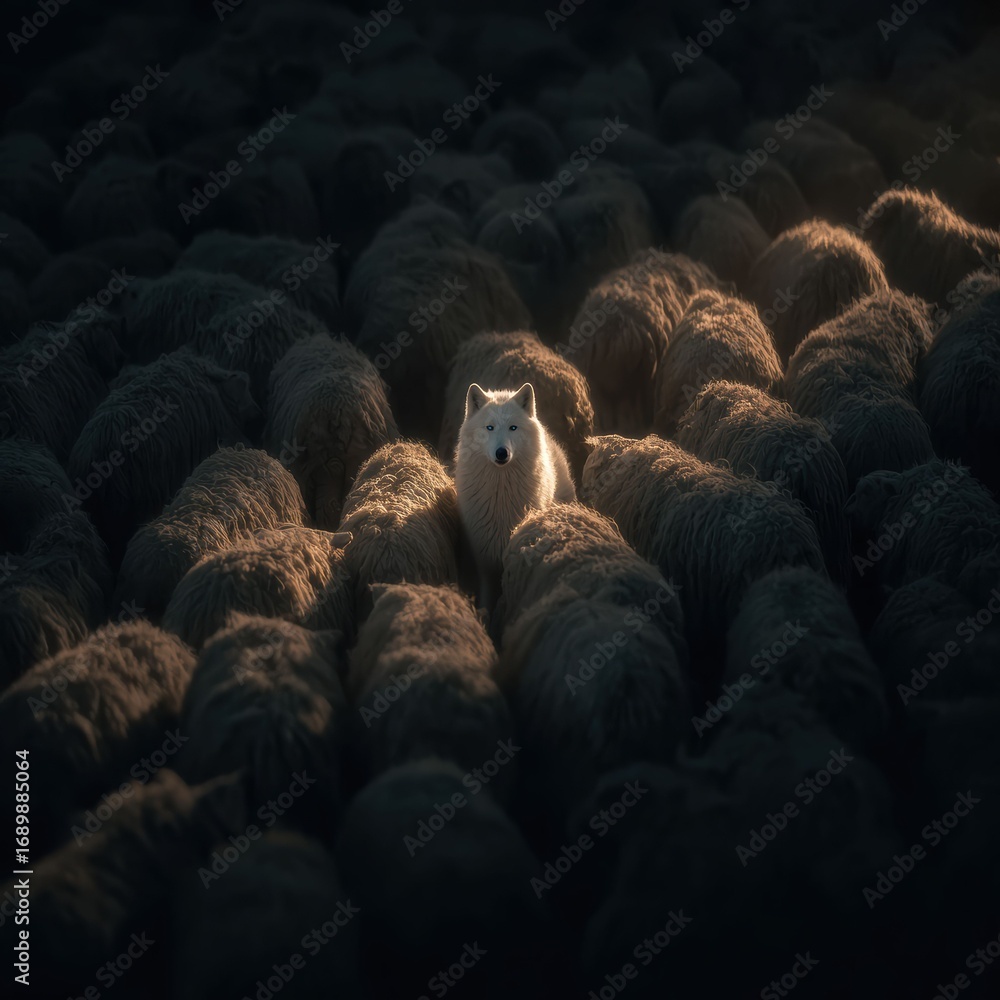 Obraz premium A white wolf stands out in a crowd of sheep showing strength confidence and individuality among conformity.