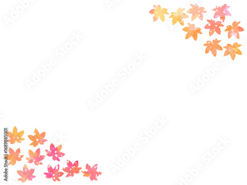 モミジの紅葉イメージの背景素材。水彩風テクスチャー。葉っぱのシルエット。かわいい色調。光の粒子や水滴の輝き。コーナータイプ。