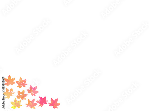 モミジの紅葉イメージの背景素材。水彩風テクスチャー。葉っぱのシルエット。かわいい色調。光の粒子や水滴の輝き。コーナータイプ。