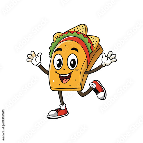 Vector art of happy sandwich character running, cartoon illustration