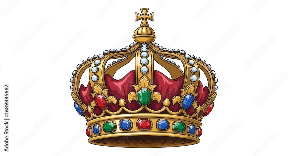 Fototapeta premium Ornate Golden Crown with Jewels, Cross, and Red Fabric