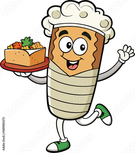 Vector art of happy shawarma chef cartoon character holding food