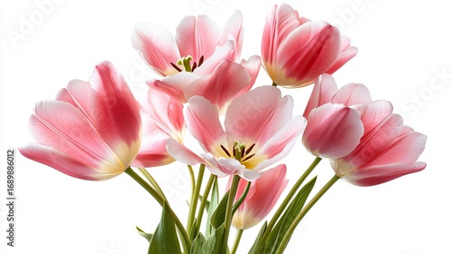 Delicate Blush: A Close-Up Bouquet of Six Pink and White Tulips Against a Pure White Background