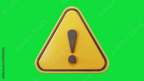 360 rotation of a Yellow and black Caution or alert 3d icon on a green screen background. 4k with 30fps.