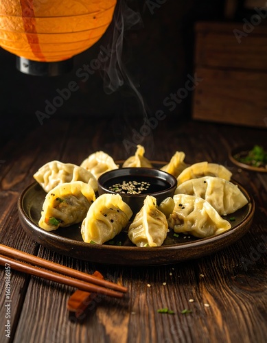 Steaming dumplings arranged on a plate with soy sauce and chopsticks