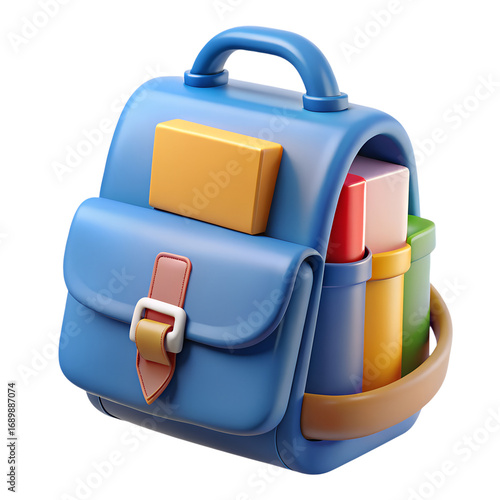 3D cartoon school backpack, colorful student bag icon with books and supplies isolated on white background
