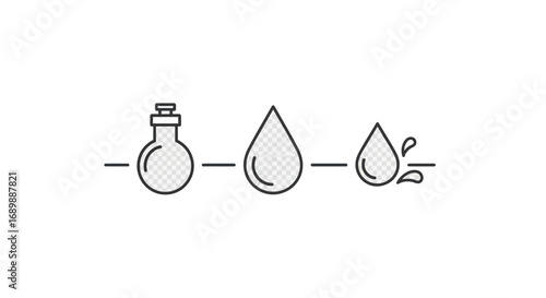 A minimalist icon set showing a scientific process with a flask, a large liquid drop, and a smaller splashing drop.