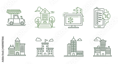 A collection of line art icons representing various urban and technological elements, including buildings, a delivery truck, and a smartphone.