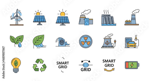 A collection of colorful icons representing different energy sources, power generation, smart grid technology, and environmental sustainability.
