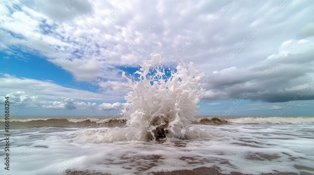 Obraz premium Dynamic Seascape: Exploding Wave Crest Under Cloudy Sky, Coastal Power