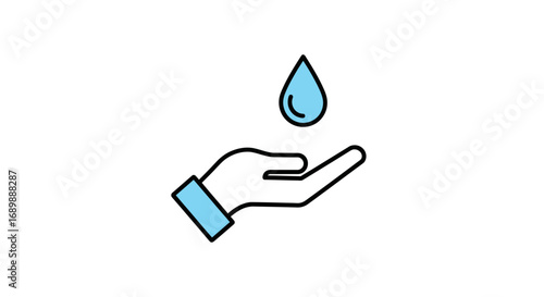 Illustration of a hand with a water droplet falling into it, symbolizing water conservation.