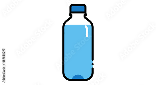 A simple cartoon illustration of a plastic water bottle, partially filled with light blue liquid and sealed with a dark blue cap.