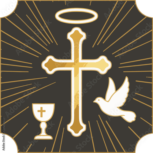 Gold Christian Cross, Dove, and Chalice – Catholic Mass Symbols Vector Illustration