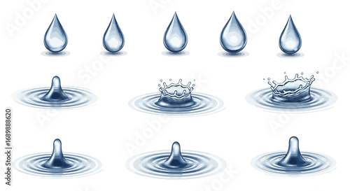 Illustration showing water droplets and splashes in various stages of impact and ripple formation.