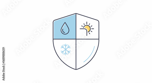 Weatherproof shield icon, water, sun, snow, protection.