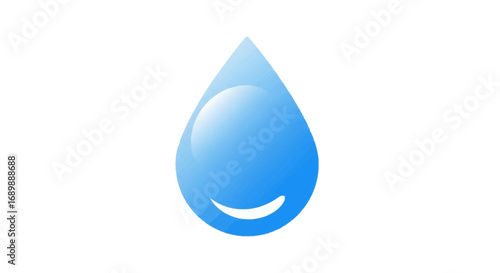 A simple, stylized illustration of a blue water droplet with a smiling face, representing hydration.