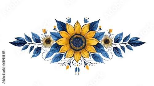 Watercolor Sunflower Arrangement with Blue Leaves and Decorative Elements on White