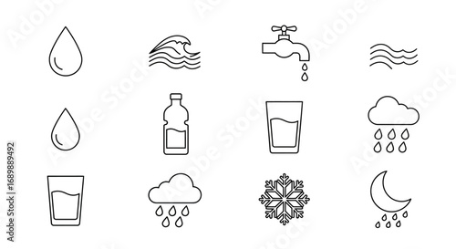 Collection of water-related icons, including drops, waves, taps, bottles, glasses, clouds, and snowflakes.