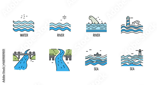 Collection of water-related illustrations, including depictions of water, rivers, and seas, showcasing various features like waves, bridges, and marine life.
