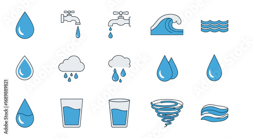 Water drop and wave icons, various styles.
