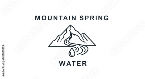 A minimalist black and white logo for Mountain Spring Water, featuring a line art mountain with a river flowing into a water drop.