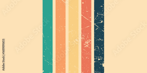 Abstract background with rainbow line design and metal scratch effect in Retro Hippie style. Vector Illustration