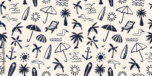 Charming hand drawn summer vacation icons including palm trees surfboards umbrellas and sun on a cream background