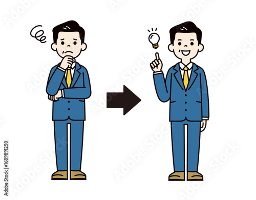 悩んでいる表情と、解消した表情の50代・60代のビジネスマンの全身ベクターイラスト素材＿カラー