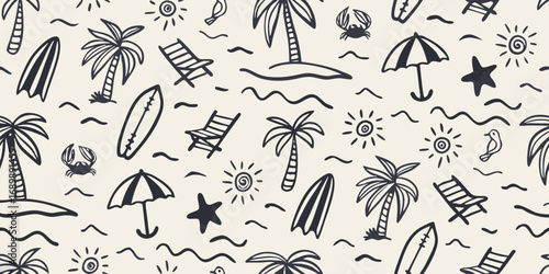 Hand drawn tropical beach vacation seamless pattern with palm trees surfboards and sun