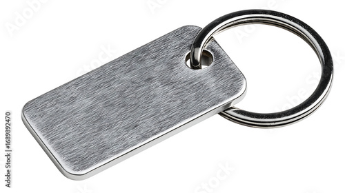 A brushed metal keychain with a rectangular tag on a white background