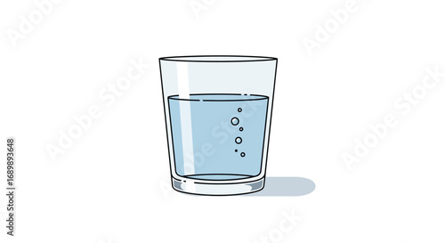 A simple, clean illustration of a clear glass filled halfway with fresh, cool water, showing a few small bubbles.