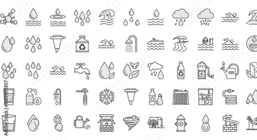 Collection of water-related icons in a line art style.