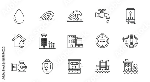 A collection of line art icons representing various aspects of water management and usage.