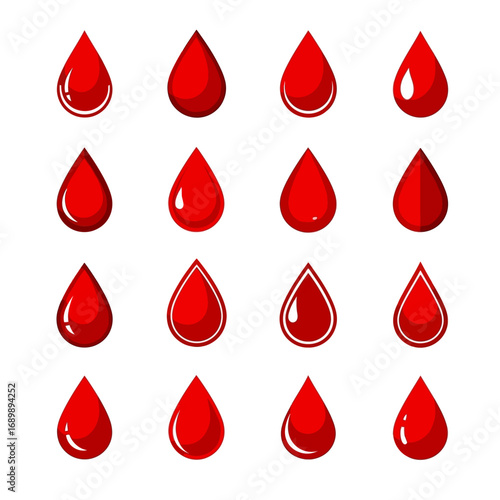 A collection of sixteen stylized red blood drop icons, presented in a four-by-four grid.