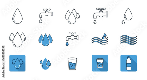Collection of water-related icons including drops, faucets, waves, a glass, and a bottle, in outline and filled styles.