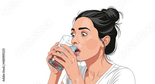 A woman with dark hair in a bun drinks from a glass of water, looking to the side with wide eyes.
