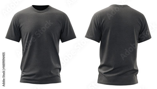 Front and back view of a plain, charcoal gray t-shirt